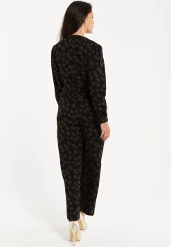 Women's Black Floral Wrap Jumpsuit with Long Sleeves and Tie Belt - Effortless Elegance by Liquorish