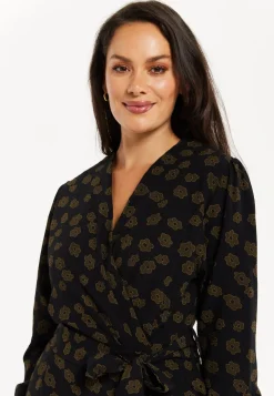 Women's Black Floral Wrap Jumpsuit with Long Sleeves and Tie Belt - Effortless Elegance by Liquorish