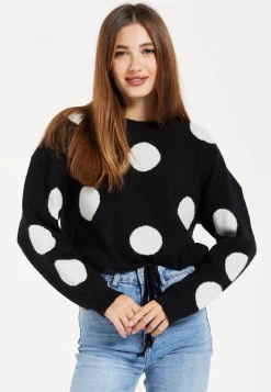 Women's Black Jumper with Long Sleeves and White Polka Dots - Adjustable Waist Tie by Liquorish