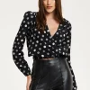 Women's Black Polka Dot Print Wrap Top with Long Sleeves, Crossover Front, V Neck, and Elasticated Waist