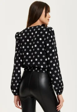 Women's Black Polka Dot Print Wrap Top with Long Sleeves, Crossover Front, V Neck, and Elasticated Waist