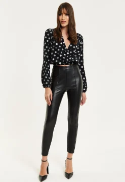 Women's Black Polka Dot Print Wrap Top with Long Sleeves, Crossover Front, V Neck, and Elasticated Waist