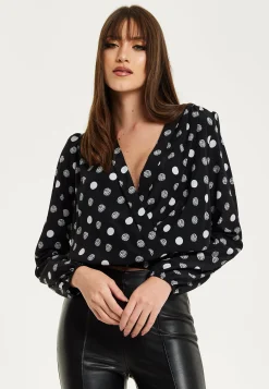 Women's Black Polka Dot Print Wrap Top with Long Sleeves, Crossover Front, V Neck, and Elasticated Waist