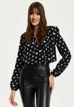 Women's Black Polka Dot Print Wrap Top with Long Sleeves, Crossover Front, V Neck, and Elasticated Waist