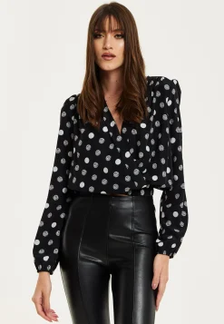 Women's Black Polka Dot Print Wrap Top with Long Sleeves, Crossover Front, V Neck, and Elasticated Waist