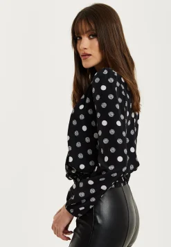 Women's Black Polka Dot Print Wrap Top with Long Sleeves, Crossover Front, V Neck, and Elasticated Waist