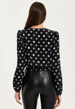 Women's Black Polka Dot Print Wrap Top with Long Sleeves, Crossover Front, V Neck, and Elasticated Waist