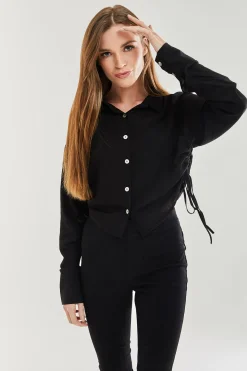 Women's Black Tie Side Blouse - Classic Style, Full Length Sleeve, Regular Fit, Available in UK Sizes 8-12.