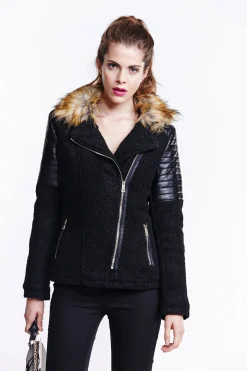 Women's Black Wool Biker Jacket with Long Sleeves and Fur Trim Collar - Liquorish