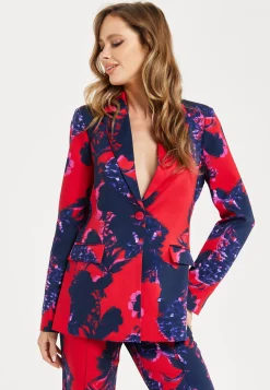 Women's Blazer - Red Floral Print, Regular Fit, Peaked Lapels, Single Button Fastening, Liquorish