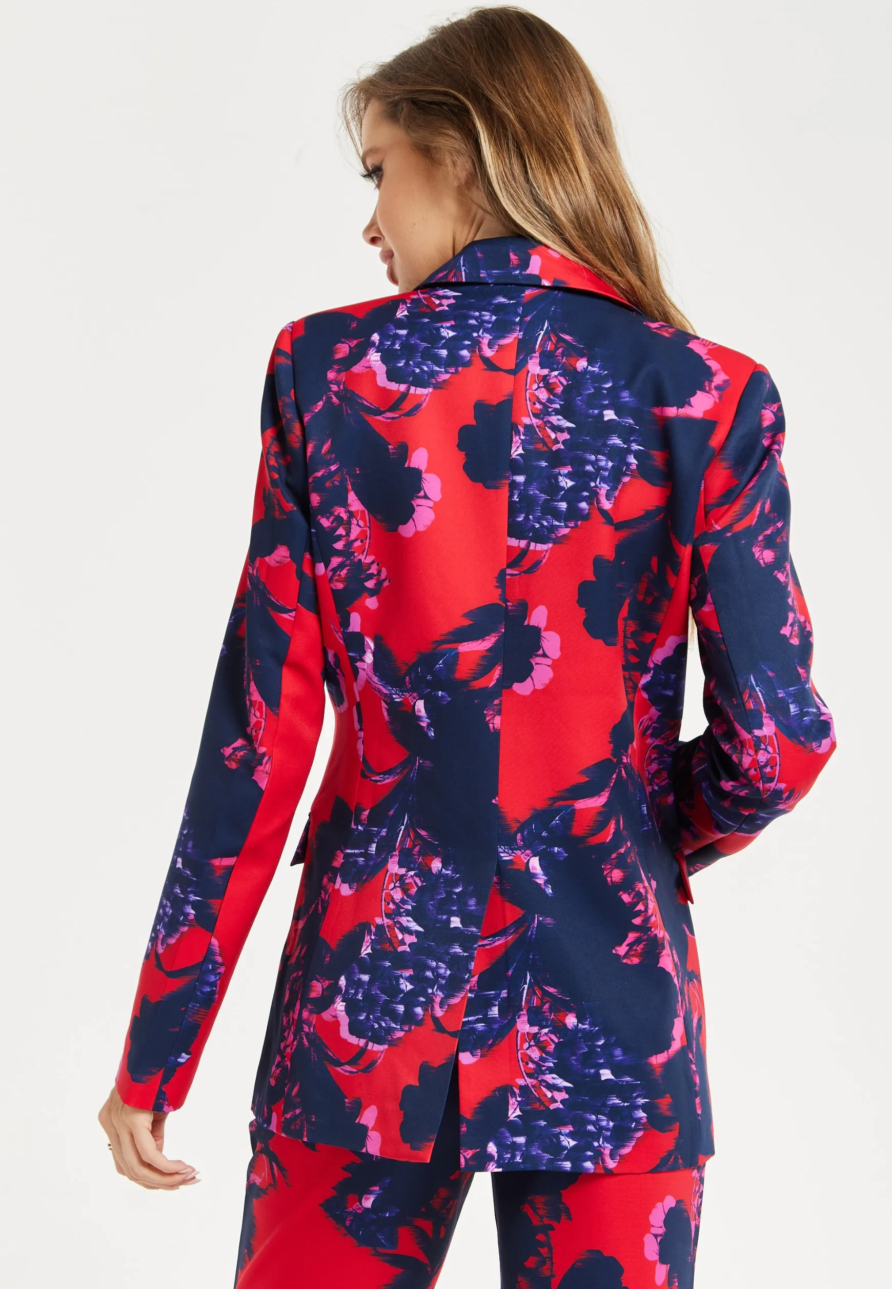 Women's Blazer - Red Floral Print, Regular Fit, Peaked Lapels, Single Button Fastening, Liquorish