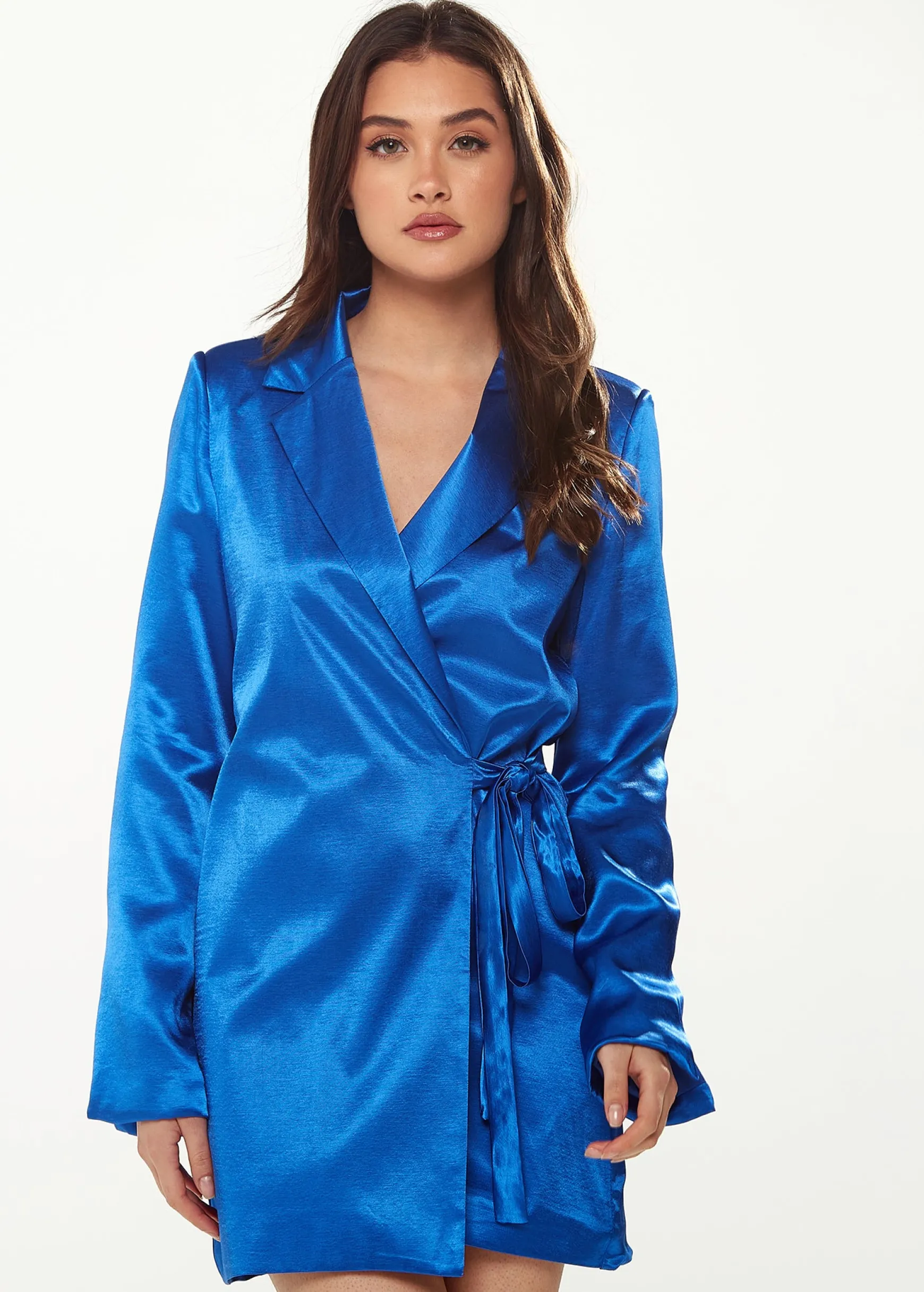 Women's Blazer Dress in Bold Blue Satin with Slit Sleeves and Unique Waist Tie - Exclusive Liquorish