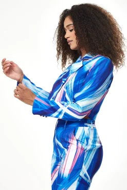 Women's Blazer in Blue, White & Pink Graphic Print with Large Lapel, Cropped Style & Padded Shoulders - Liquorish
