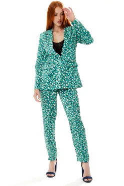 Women's Blazer in Green with Padded Shoulders and All-Over Stroke Print - Liquorish