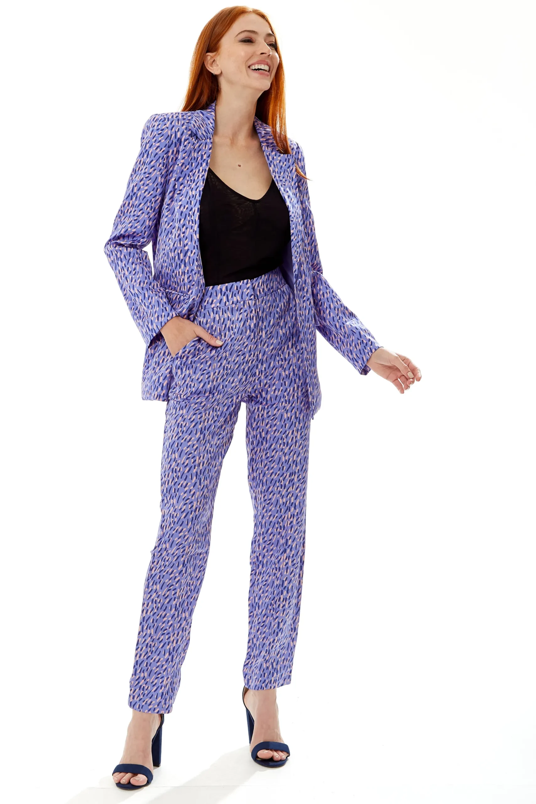 Women's Blazer in Purple with Stroke Print, Relaxed Fit, Padded Shoulders, Liquorish