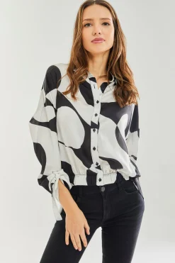 Women's Blouse with Oversized Polka Stripe Pattern in Black & White, Full Length Sleeve, Elastic Tie Back Waist, Stylish Detail