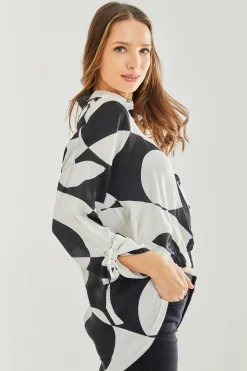 Women's Blouse with Oversized Polka Stripe Pattern in Black & White, Full Length Sleeve, Elastic Tie Back Waist, Stylish Detail