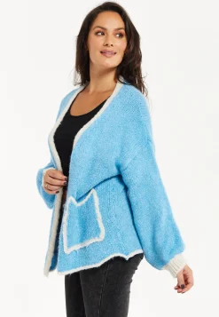 Women's Blue Chunky Knit Cardigan with Oversized Pockets and Contrast Trim - Liquorish
