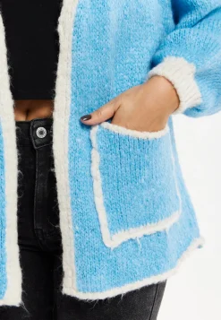 Women's Blue Chunky Knit Cardigan with Oversized Pockets and Contrast Trim - Liquorish