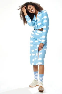 Women's Blue Cloud Print Midi Skirt with Front Buttons and Side Slit - Regular Fit by Liquorish