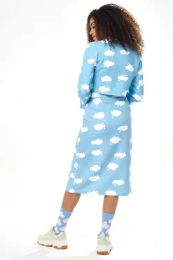 Women's Blue Cloud Print Midi Skirt with Front Buttons and Side Slit - Regular Fit by Liquorish