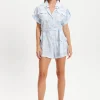 Women's Blue Leaf Printed Playsuit with Button Down, Short Sleeve, Front & Side Pockets, Loose Fit, Casual Style.