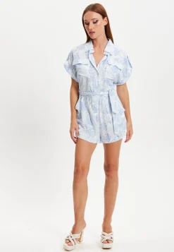 Women's Blue Leaf Printed Playsuit with Button Down, Short Sleeve, Front & Side Pockets, Loose Fit, Casual Style.