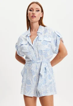 Women's Blue Leaf Printed Playsuit with Button Down, Short Sleeve, Front & Side Pockets, Loose Fit, Casual Style.