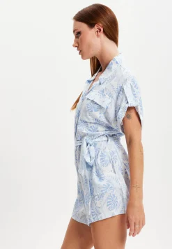 Women's Blue Leaf Printed Playsuit with Button Down, Short Sleeve, Front & Side Pockets, Loose Fit, Casual Style.