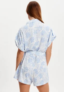 Women's Blue Leaf Printed Playsuit with Button Down, Short Sleeve, Front & Side Pockets, Loose Fit, Casual Style.