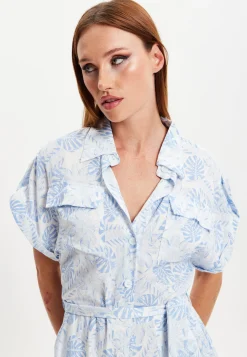 Women's Blue Leaf Printed Playsuit with Button Down, Short Sleeve, Front & Side Pockets, Loose Fit, Casual Style.