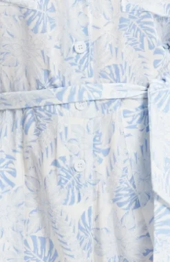 Women's Blue Leaf Printed Playsuit with Button Down, Short Sleeve, Front & Side Pockets, Loose Fit, Casual Style.