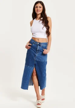 Women's Blue Slit Front Midi Skirt with Belt Loops - 100% Cotton, Stylish & Comfortable by Liquorish