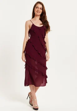 Women's Burgundy Sleeveless Chiffon Frill Midi Dress with Diagonal Frill Details and Scoop Back for Effortless Elegance