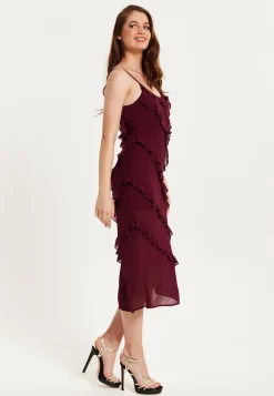 Women's Burgundy Sleeveless Chiffon Frill Midi Dress with Diagonal Frill Details and Scoop Back for Effortless Elegance