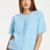 Women's Cardigan - Blue Floral Short Sleeve Knit with Button-Down Front, Perfect for Layering - Liquorish