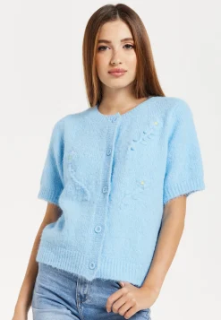 Women's Cardigan - Blue Floral Short Sleeve Knit with Button-Down Front, Perfect for Layering - Liquorish