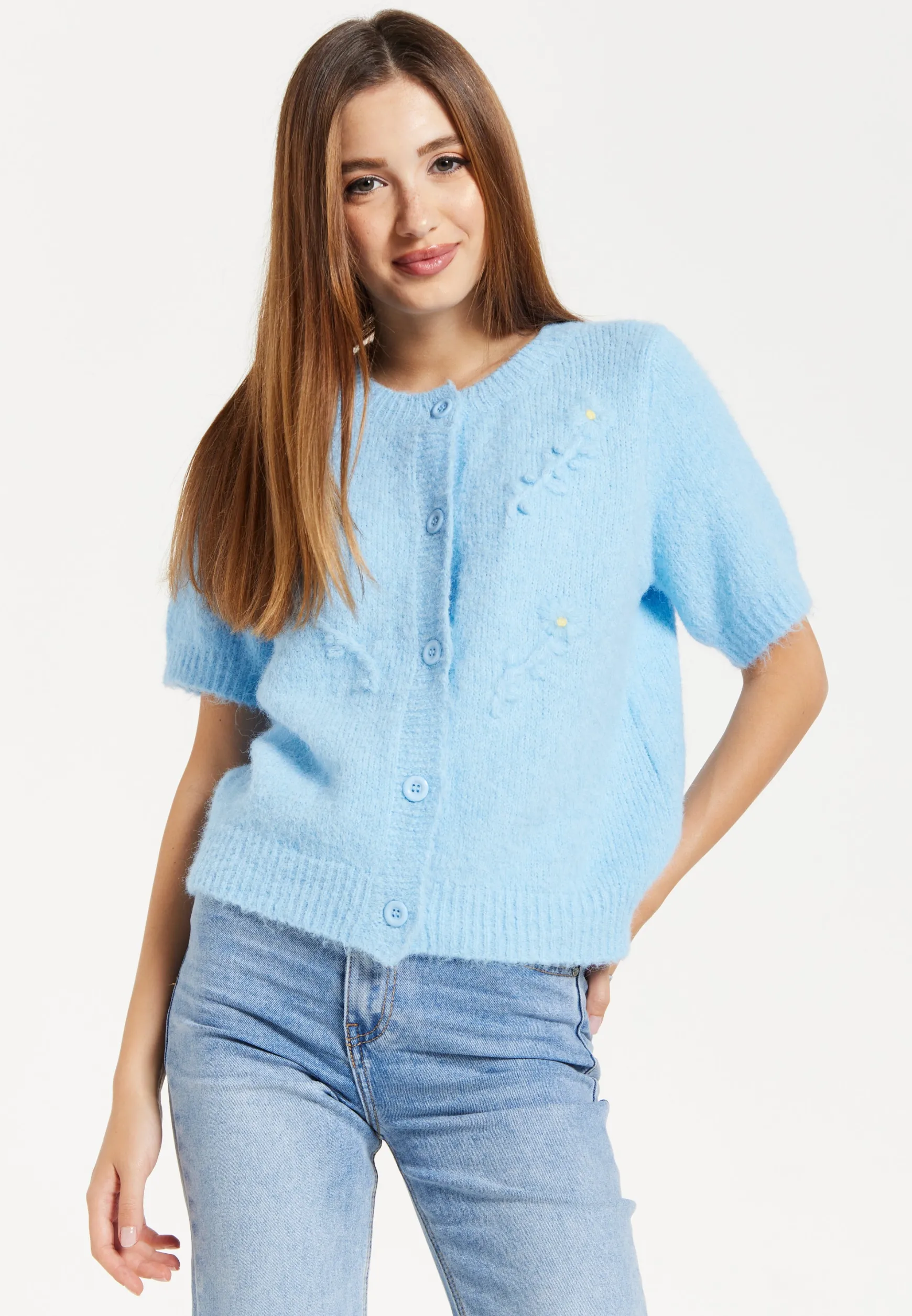 Women's Cardigan - Blue Floral Short Sleeve Knit with Button-Down Front, Perfect for Layering - Liquorish