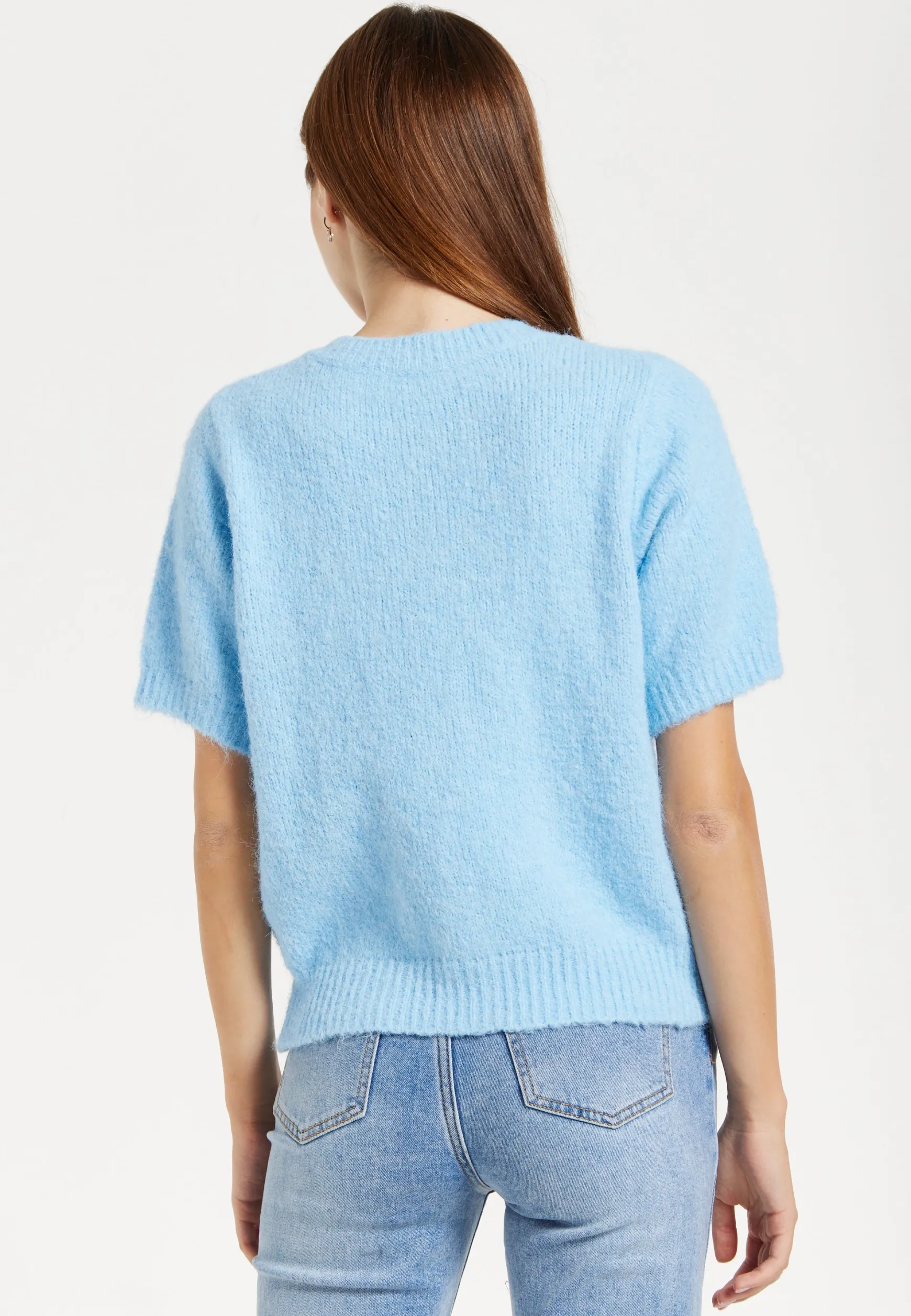 Women's Cardigan - Blue Floral Short Sleeve Knit with Button-Down Front, Perfect for Layering - Liquorish