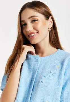 Women's Cardigan - Blue Floral Short Sleeve Knit with Button-Down Front, Perfect for Layering - Liquorish