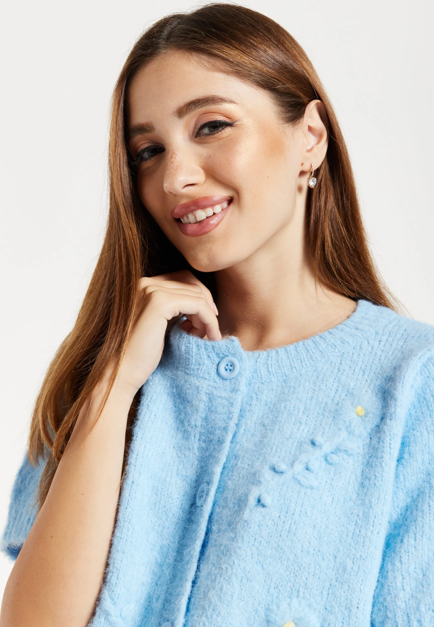 Women's Cardigan - Blue Floral Short Sleeve Knit with Button-Down Front, Perfect for Layering - Liquorish