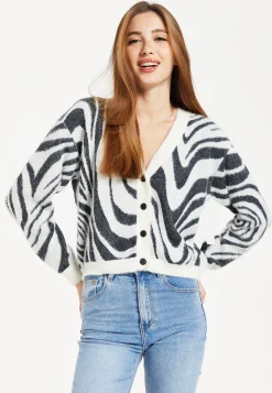 Women's Cardigan - Fluffy Black and White Cropped with Long Sleeves, Button-Up Design, by Liquorish
