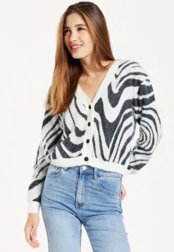 Women's Cardigan - Fluffy Black and White Cropped with Long Sleeves, Button-Up Design, by Liquorish