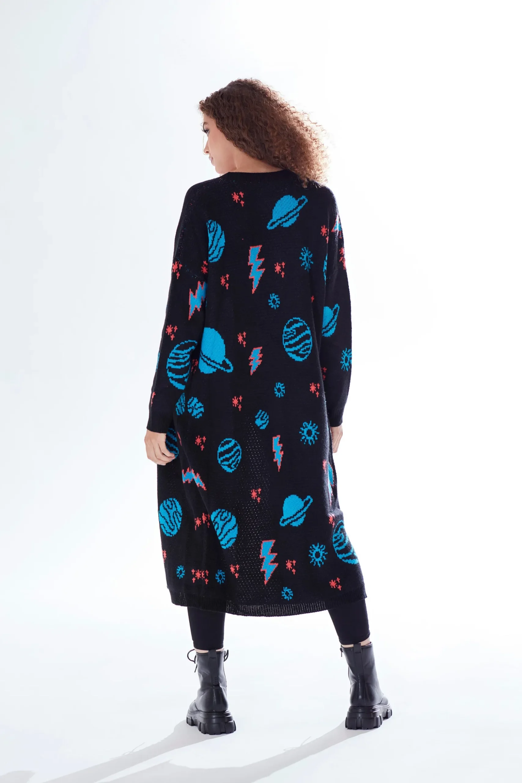 Women's Cardigan in Black with Full-Length Sleeves, Cosmic Pattern, Open Front, Stylish Design by Liquorish