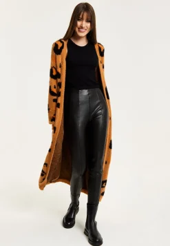 Women's Cardigan in Brown with Longline Design, Open Front, and Leopard Print - Liquorish