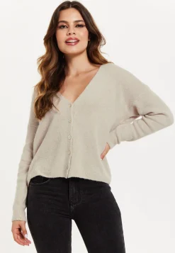 Women's Cardigan in Cream, Ultra-Soft Knitted, Deep V-Neck, Relaxed Fit - Liquorish