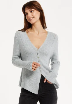 Women's Cardigan in Grey, Ribbed Knit with Button-Down Closure, Long Sleeves, Chic Design by Liquorish