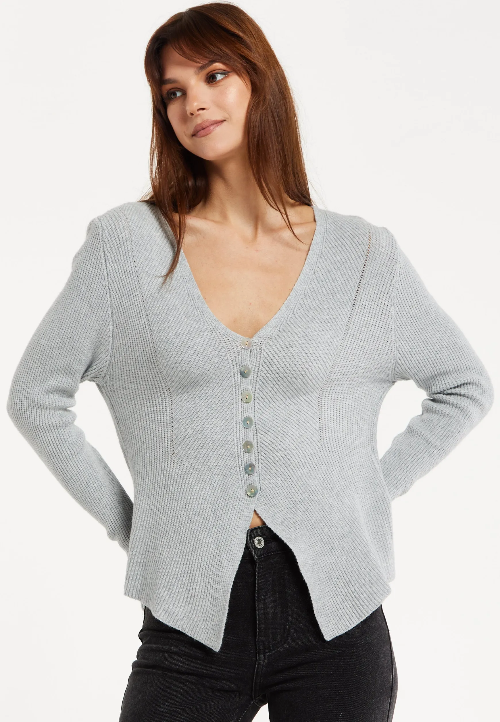 Women's Cardigan in Grey, Ribbed Knit with Button-Down Closure, Long Sleeves, Chic Design by Liquorish