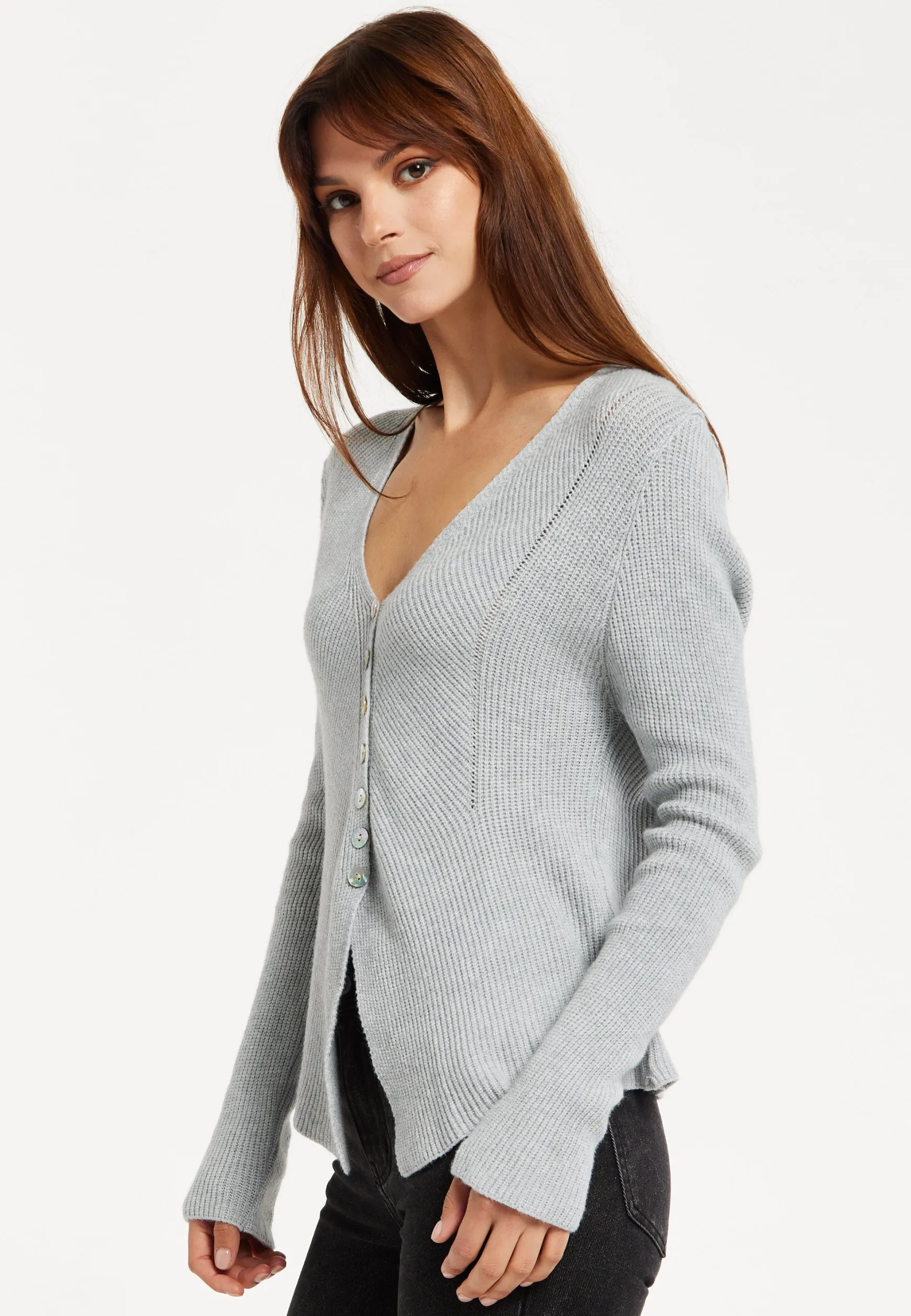 Women's Cardigan in Grey, Ribbed Knit with Button-Down Closure, Long Sleeves, Chic Design by Liquorish