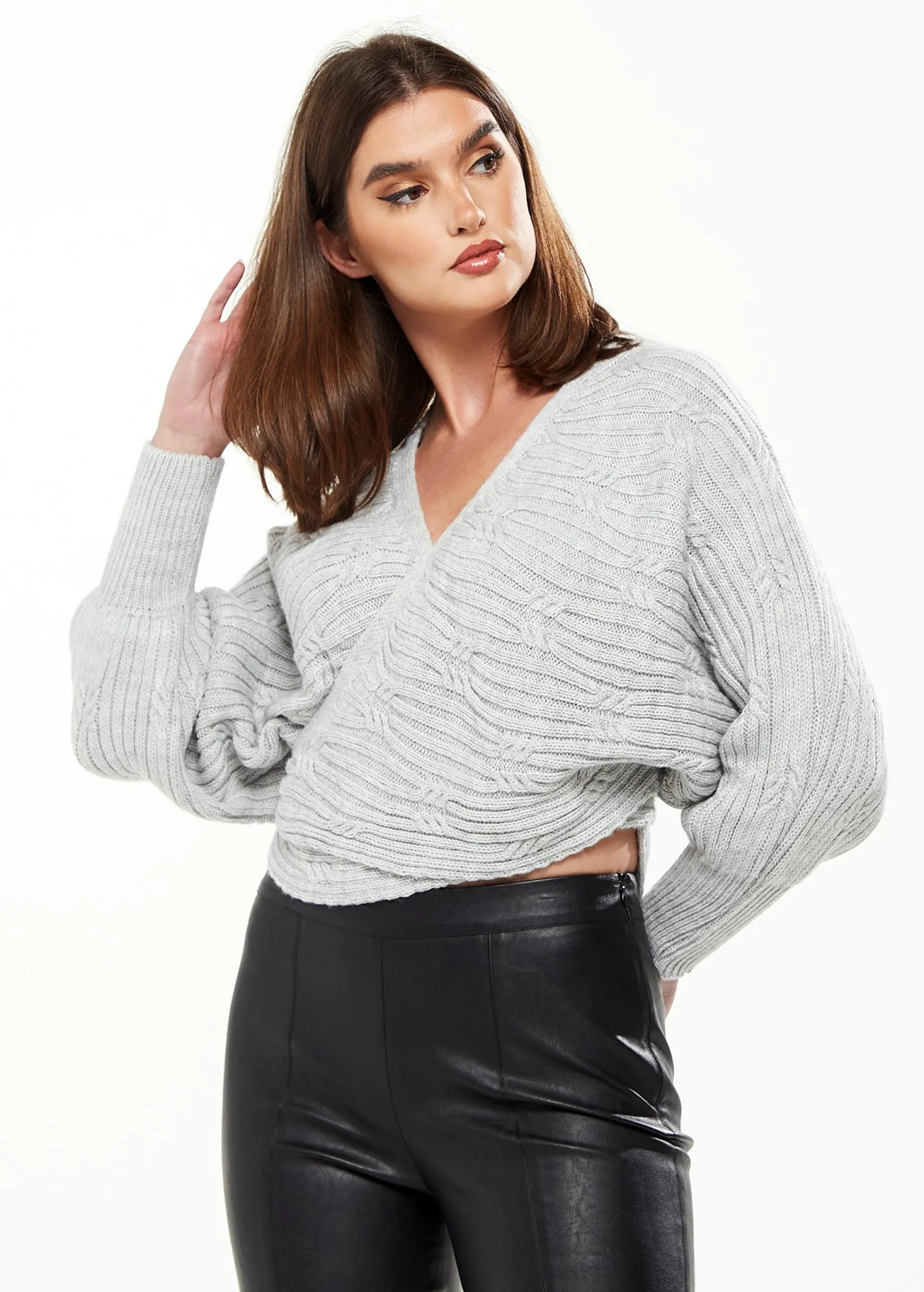 Women's Cardigan in Grey with Ribbed Pattern, Batwing Sleeves & Knot Detail - Liquorish